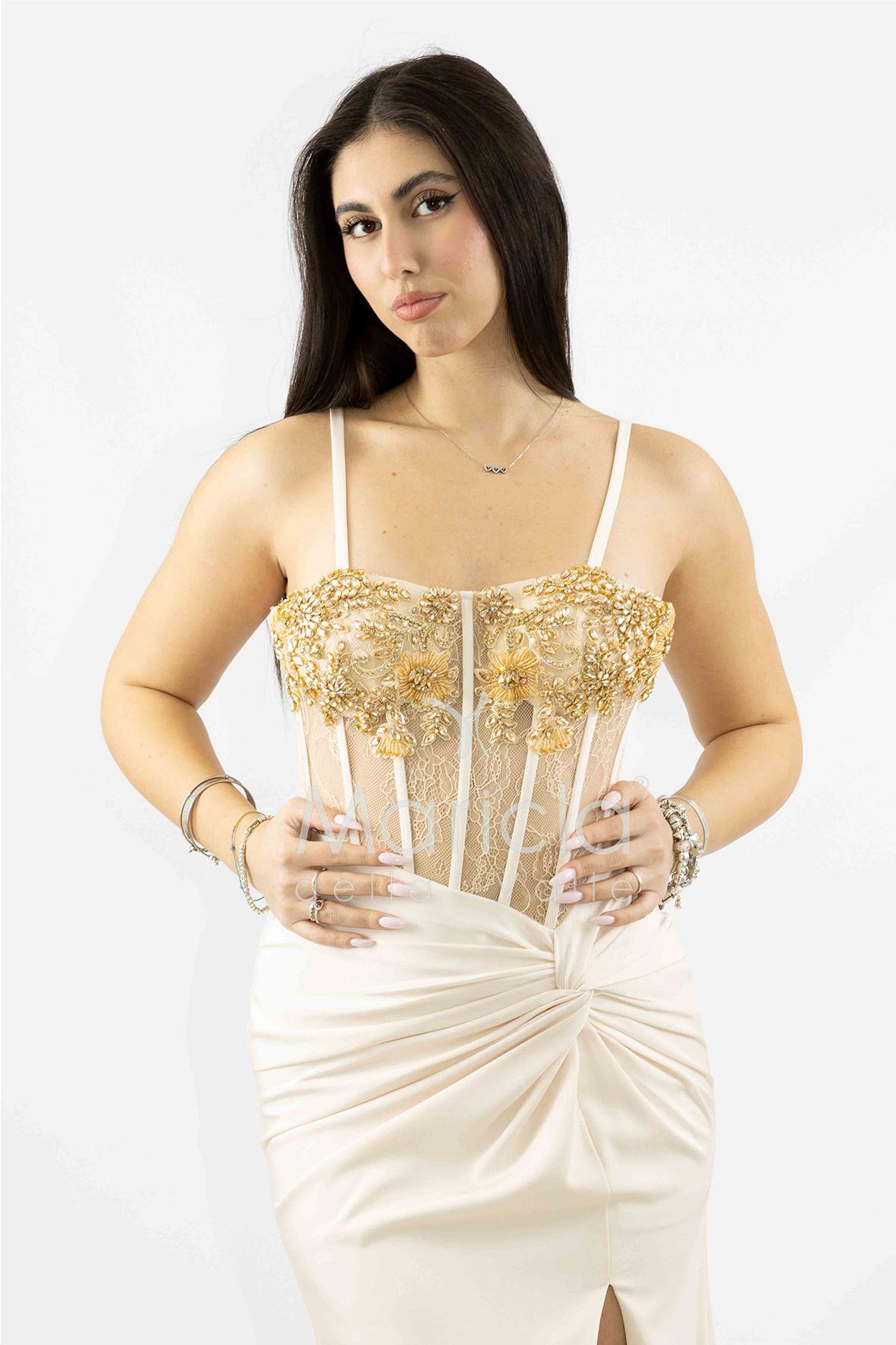 abito lungo corpetto strass e arriccio laterale ANT25024XJ NUDE ANTILLE ELEGANCE 