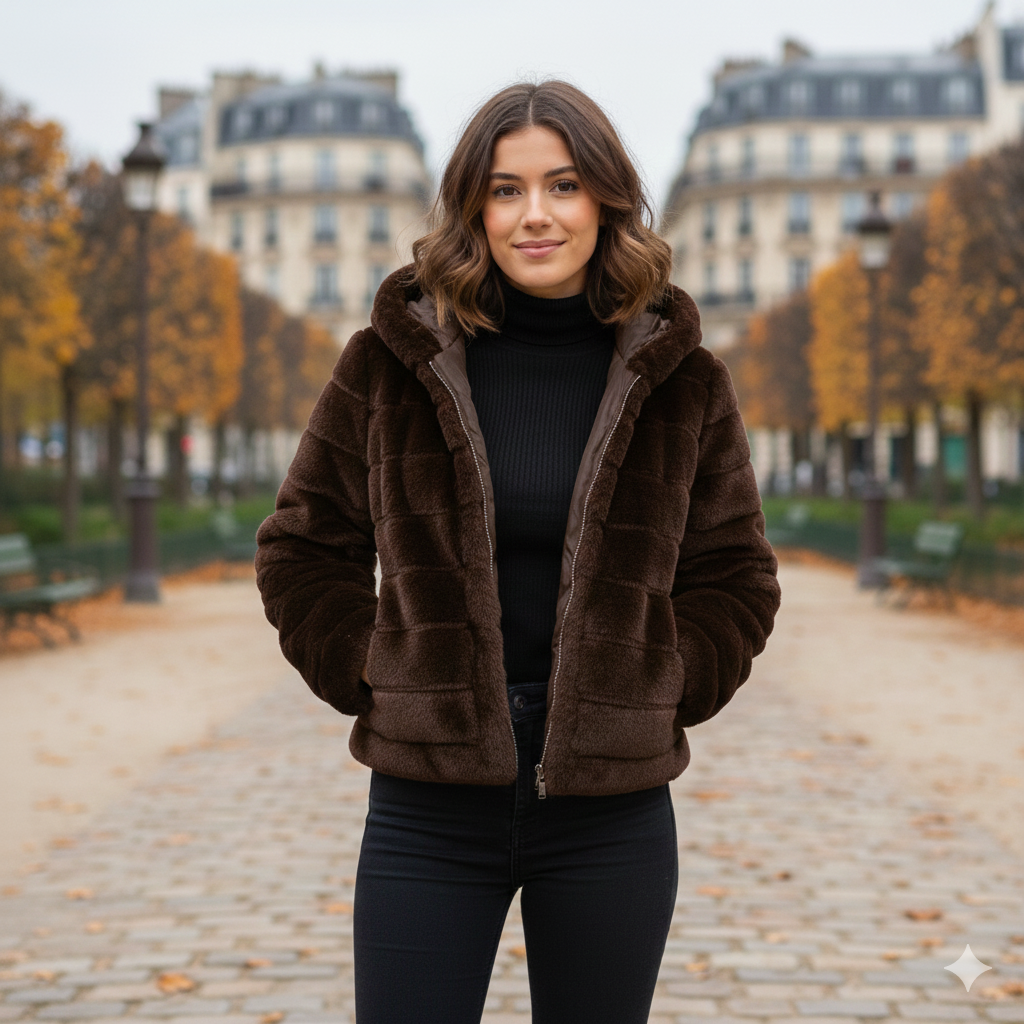 Giaccone in pelliccia a fasce con cappuccio<BR/> LIN3422 MORO MARICLA 