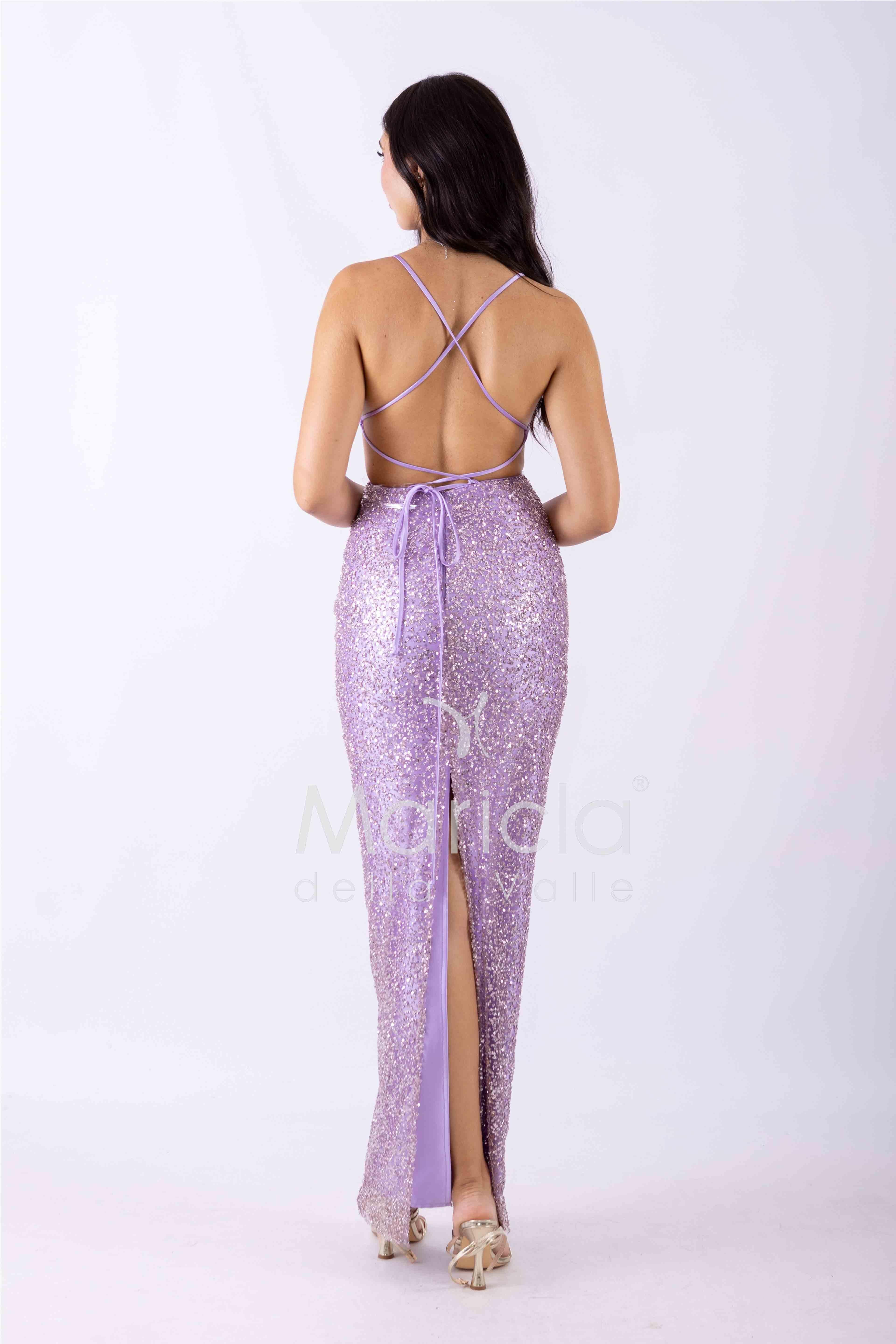 abito lungo paiette e raso scollato DEG55233 GLICINE MARICLA ELEGANCE 
