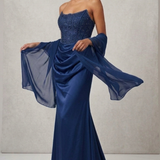 abito lungo con corpetto macramè CAR58595 BLU MARICLA ELEGANCE 