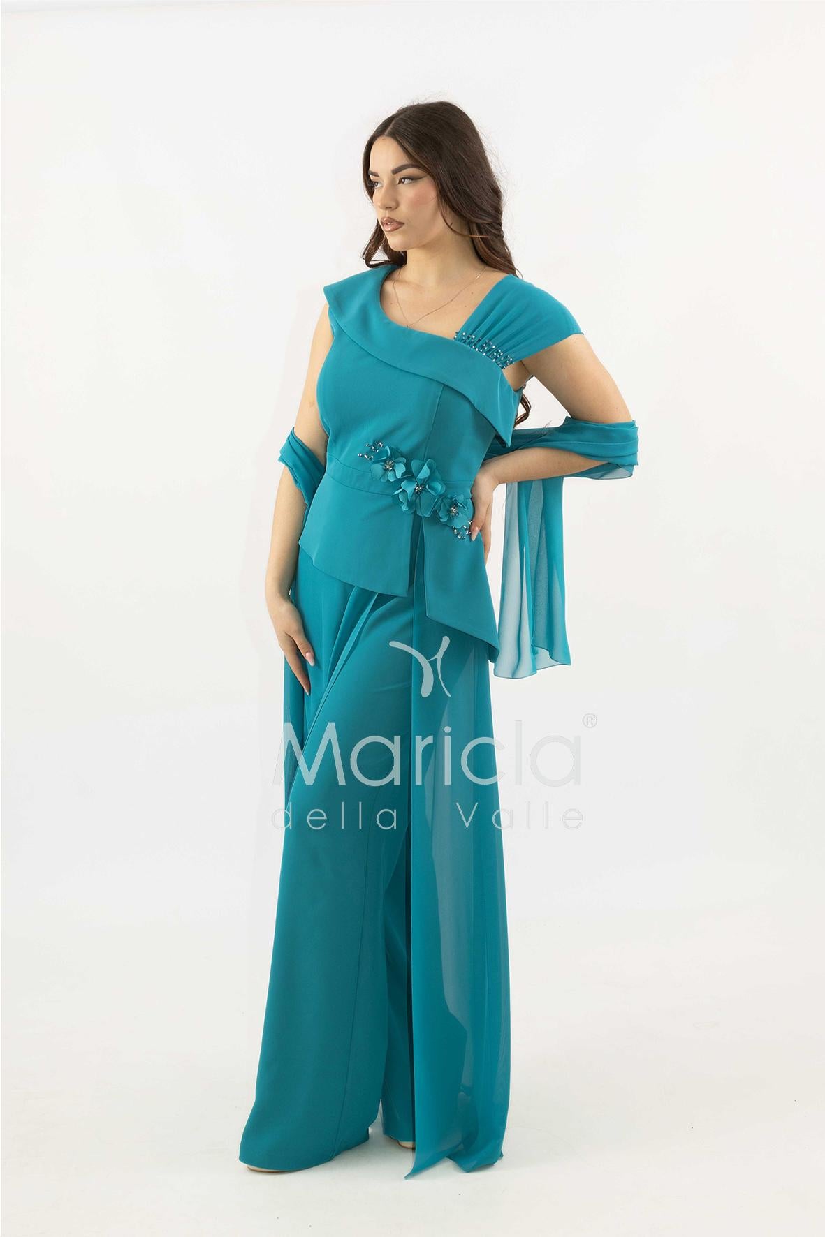 tuta con baschina e dettagli con fiore SH403TU PETROLIO SHARON 
