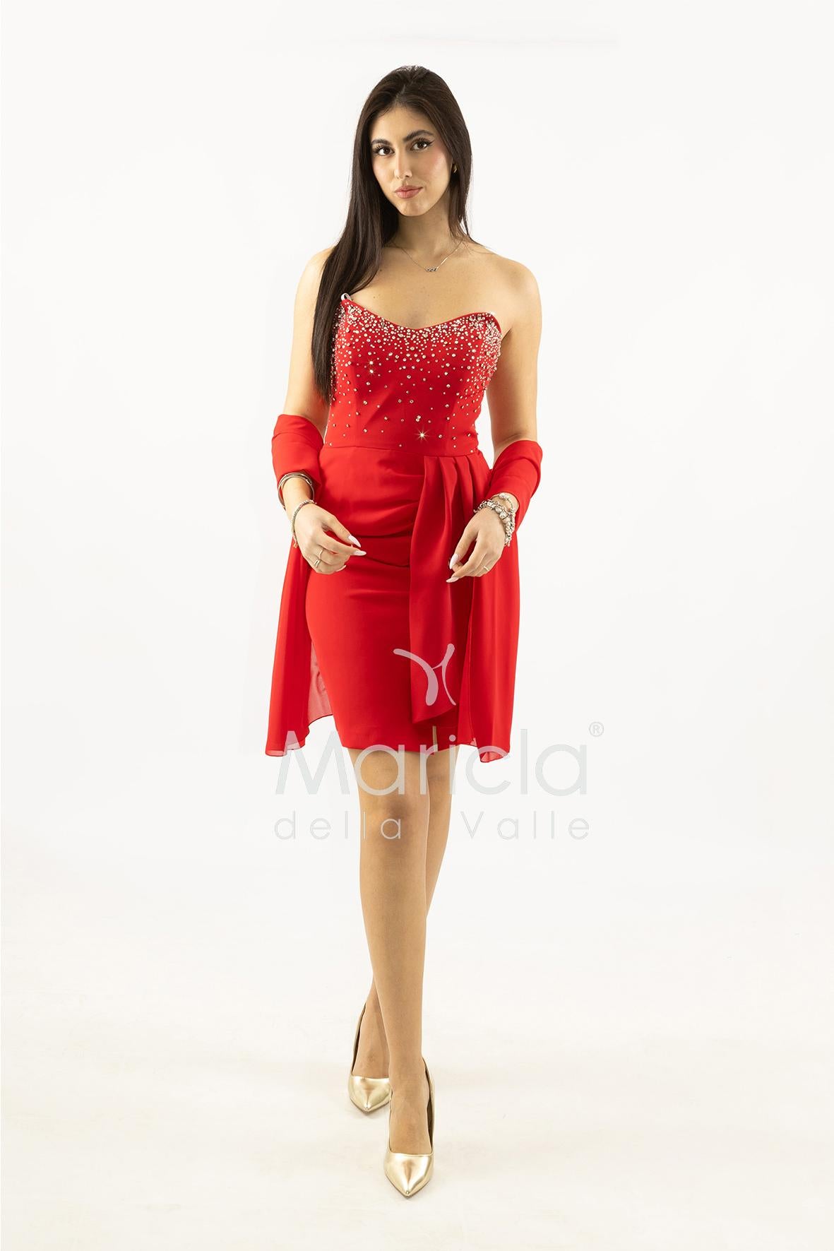 abito midi corpetto strass e rouche SH829AC ROSSO SHARON 