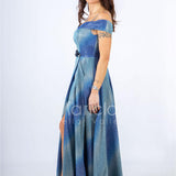 Abito lungo glitterato con scollo omerale SH117 BLU SHARON 