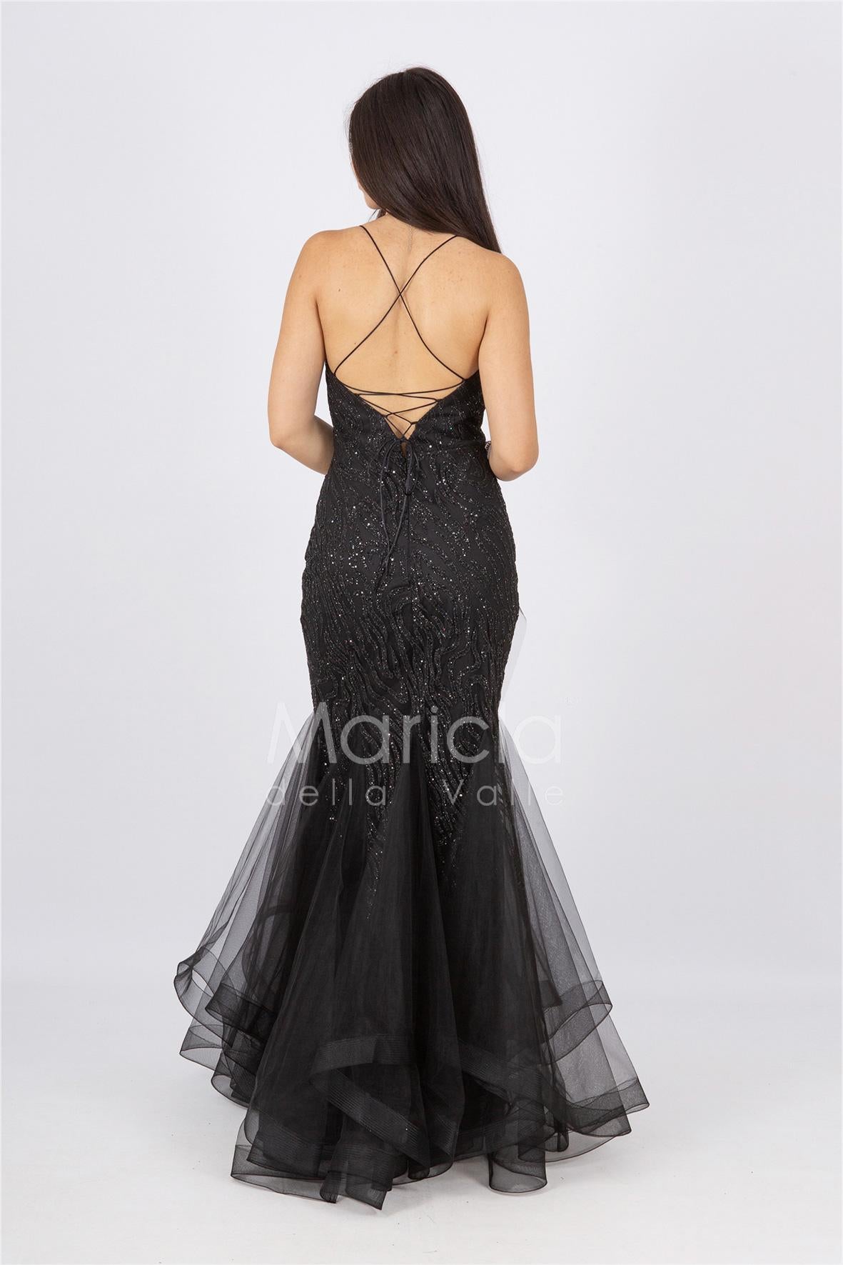 abito lungo glitter con triangoli toulle FI7269 NERO MARICLA ELEGANCE 
