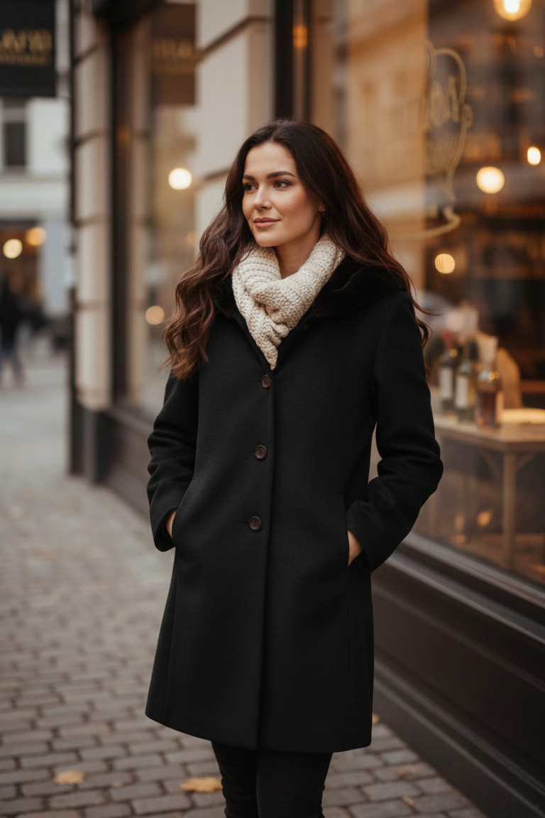 cappotto con cappuccio pelliccia ROMI2761 NERO MARICLA 