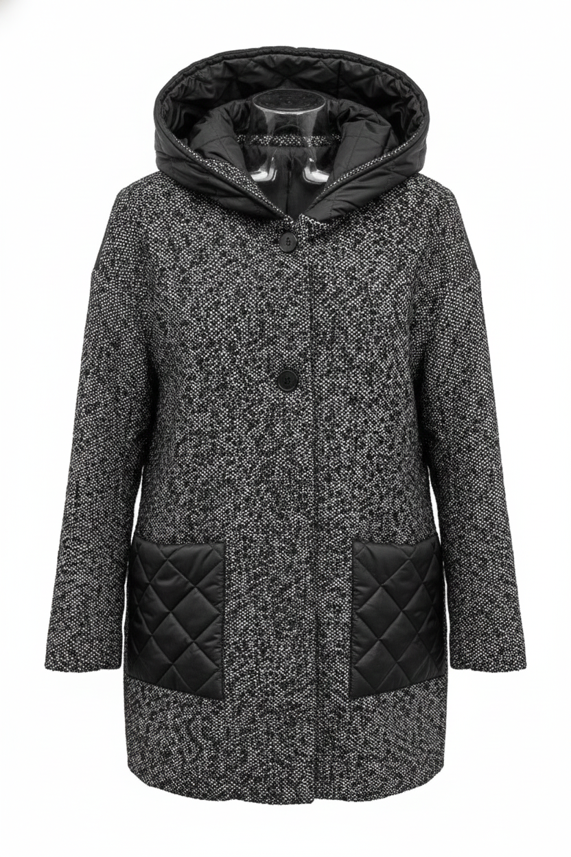 Giaccone piumino fantasia con cappuccio<BR/> LOREDANA NERO MARICLA 