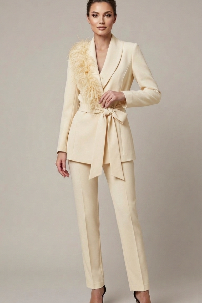 tailleur con piume bavero EC04609 BURRO MARICLA 