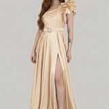 abito lungo monospalla rouche SH512AL CHAMPAGNE SHARON 
