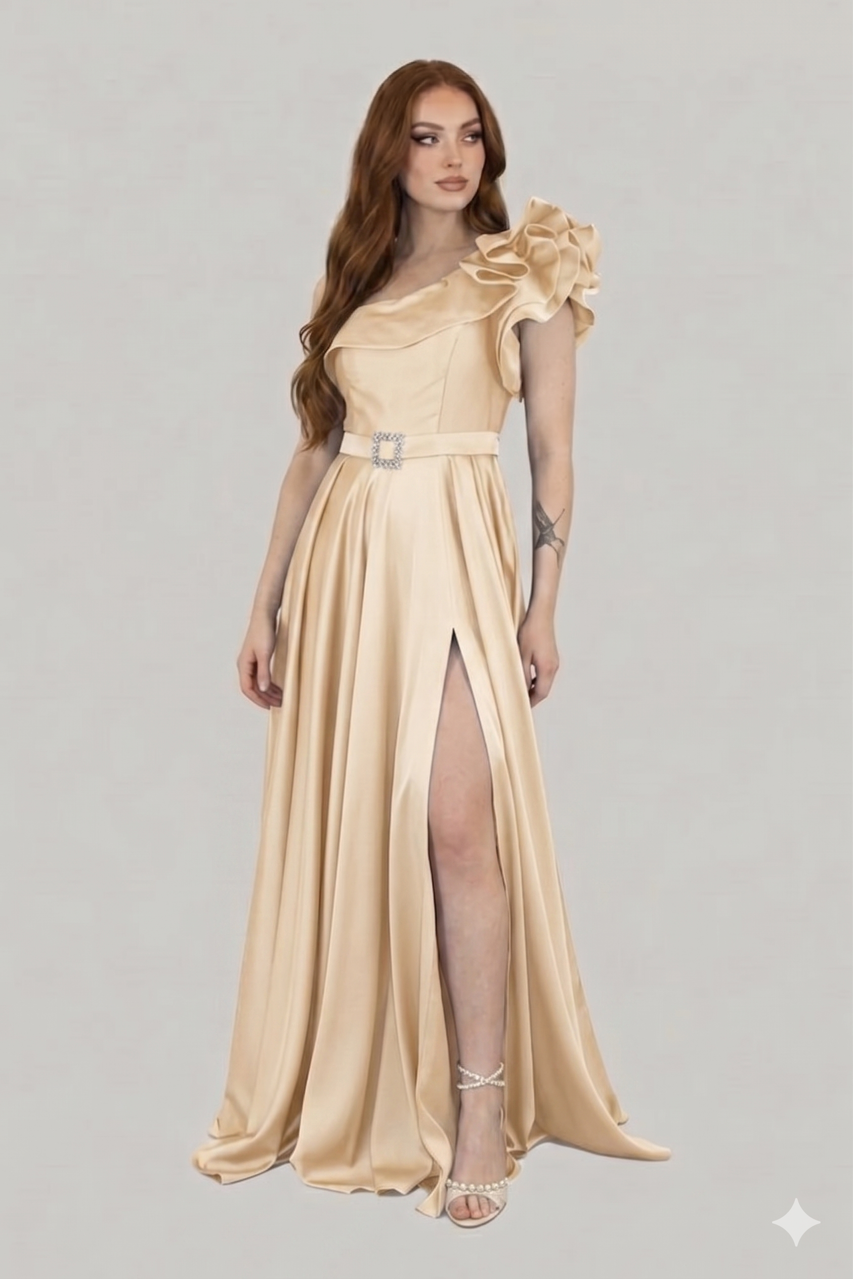 abito lungo monospalla rouche SH512AL CHAMPAGNE SHARON 