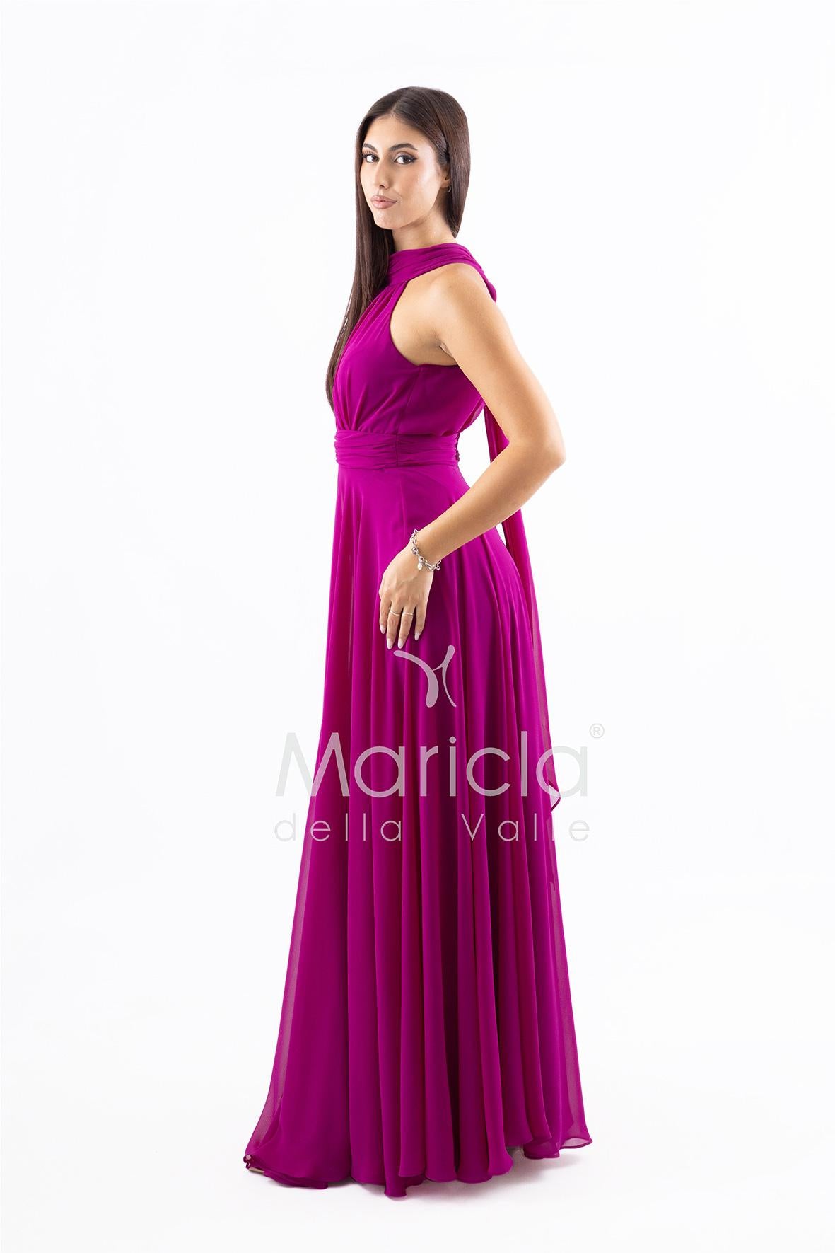 Abito lungo in chiffon con scollo americano FI7518 FUCSIA MARICLA ELEGANCE 