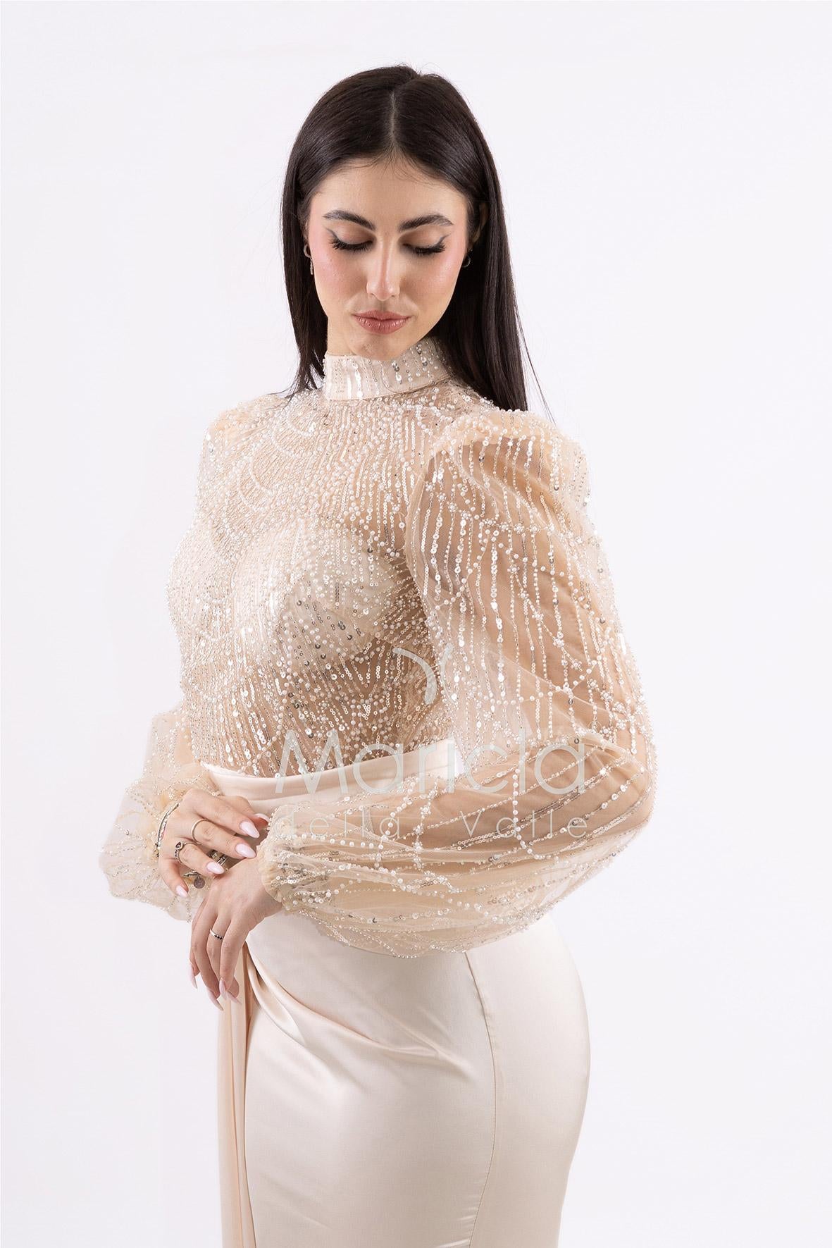 Abito sirena con corpetto ricamato e drappeggio al lato FP512352 CHAMPAGNE MARICLA ELEGANCE 