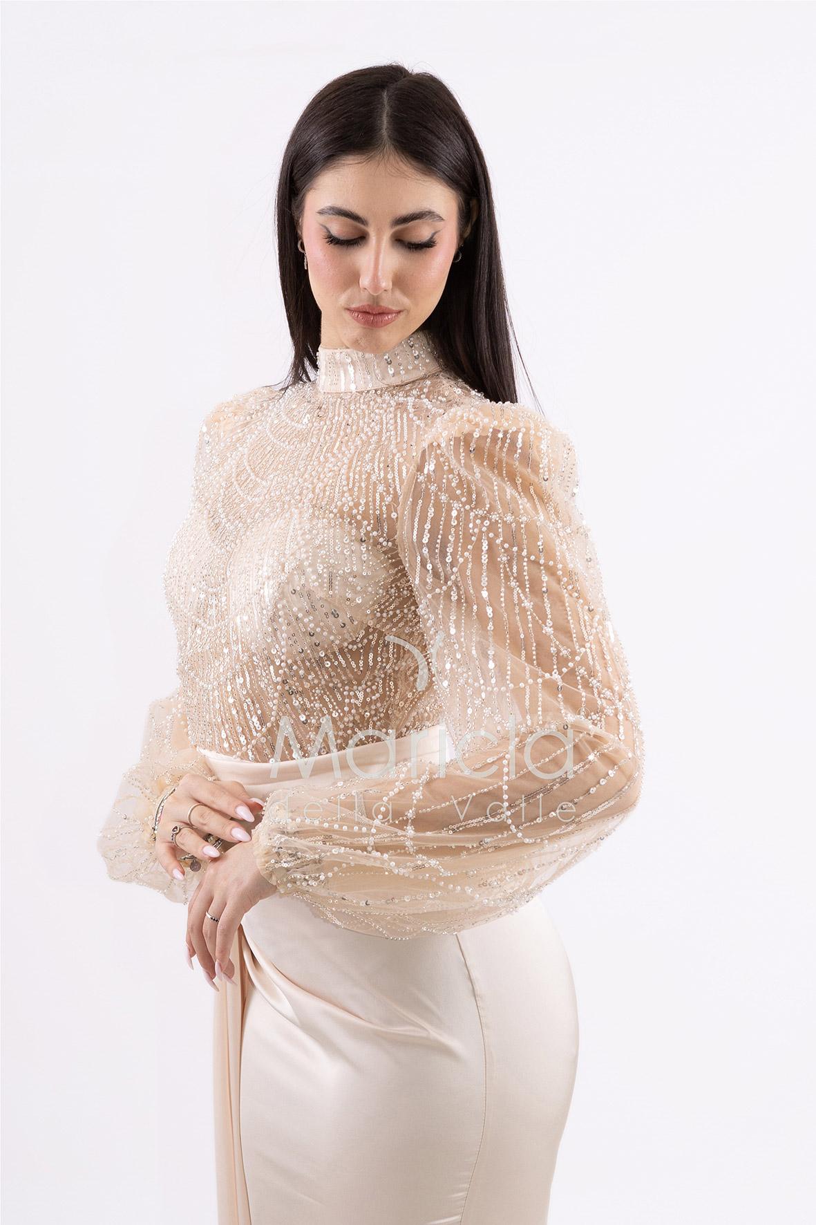 Abito sirena con corpetto ricamato e drappeggio al lato FP512352 CHAMPAGNE MARICLA ELEGANCE 