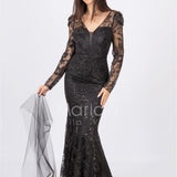 abito lungo sirena ricamato paiette FI6949 NERO MARICLA ELEGANCE 