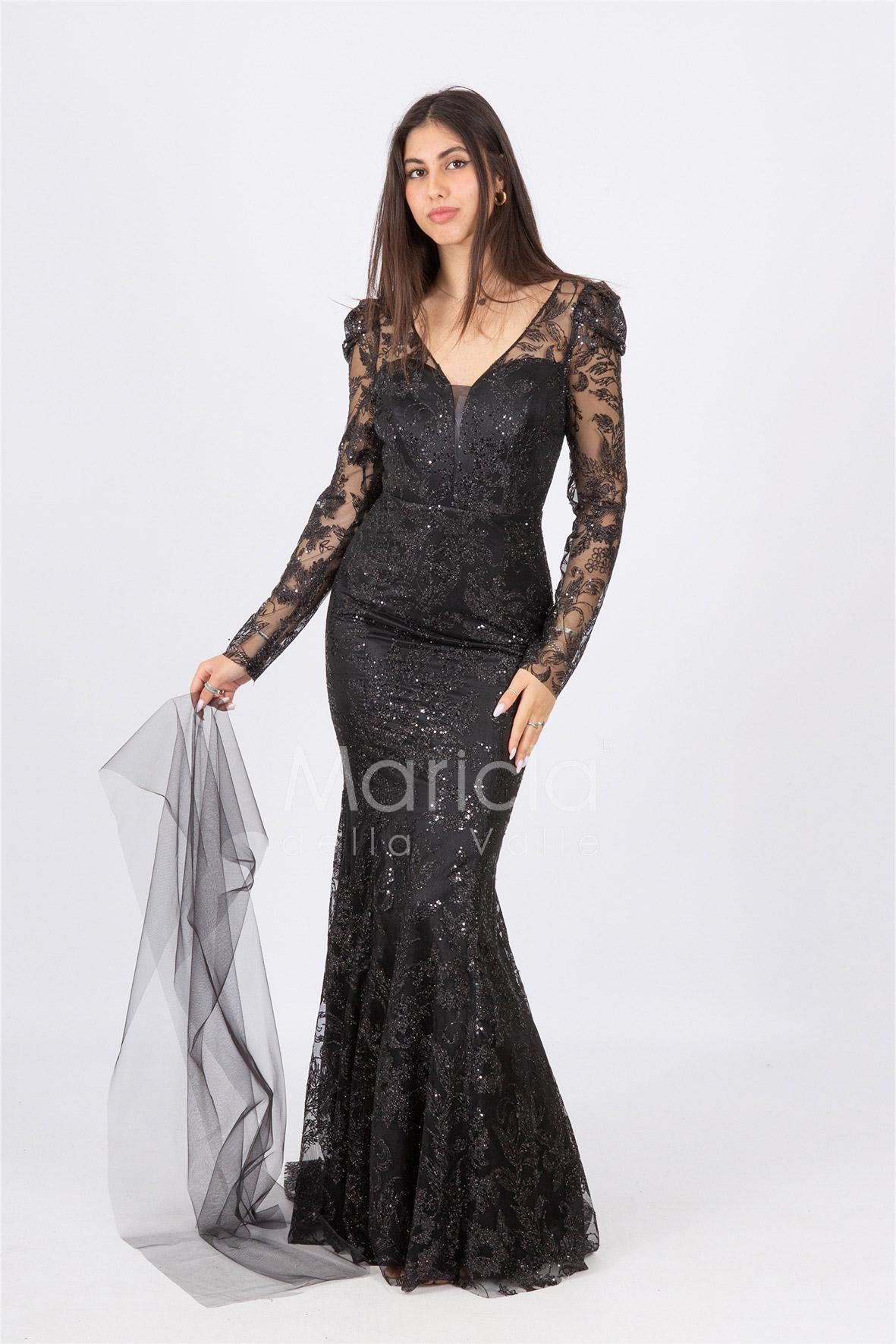 abito lungo sirena ricamato paiette FI6949 NERO MARICLA ELEGANCE 