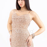 abito lungo paillettes drappeggio e spacco PB8066F ORO MARICLA ELEGANCE 