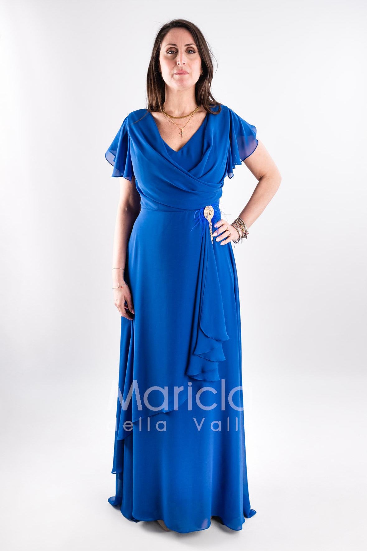 abito lungo chiffon con spilla gioiello JC35164 ROYAL MARICLA ELEGANCE 