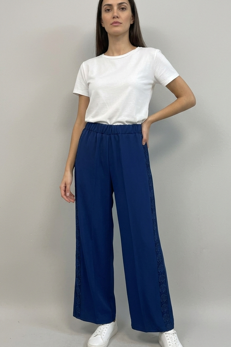 pantalone con fascia laterale macramè FFAUGUSTA BLU MARICLA 