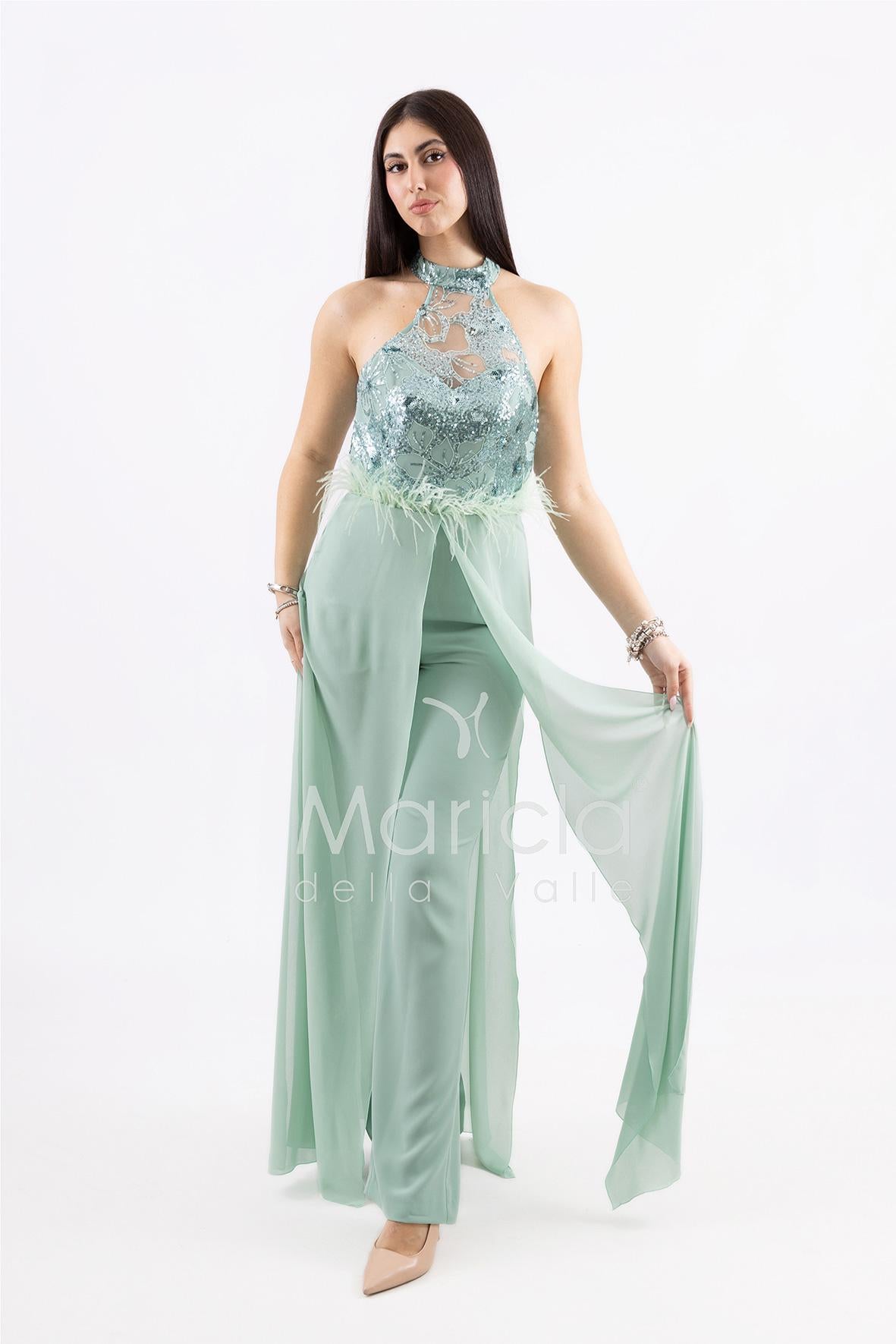 Tuta con piume e ricami SH909TU MENTA SHARON 
