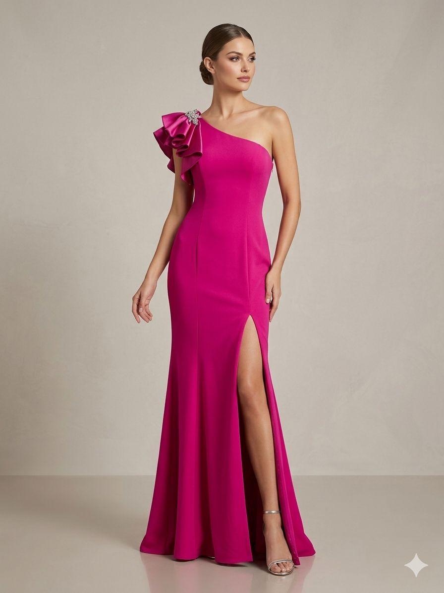 Abito monospalla con decorazione floreale KMK754 FUCSIA MARICLA ELEGANCE 