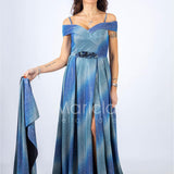 Abito lungo glitterato con scollo omerale SH117 BLU SHARON 