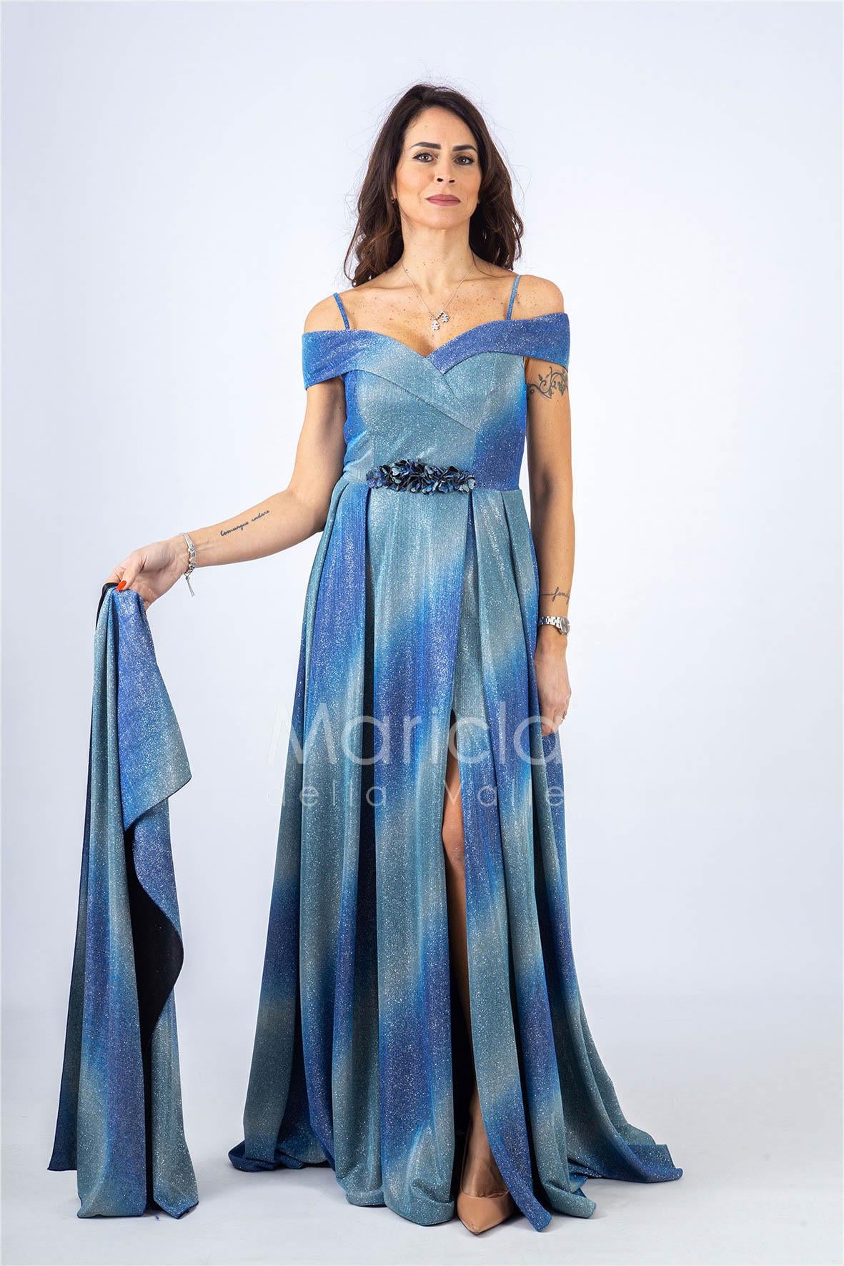 Abito lungo glitterato con scollo omerale SH117 BLU SHARON 