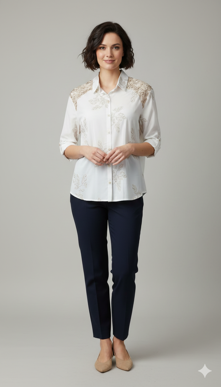 Camicia Ricami Floreali e Inserti in Pizzo DALIA BIANCO MARICLA 