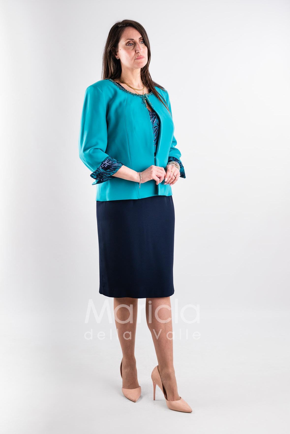 tubino ricamo con bolero ricamo PF3170 BLU PAOLA FORTI 