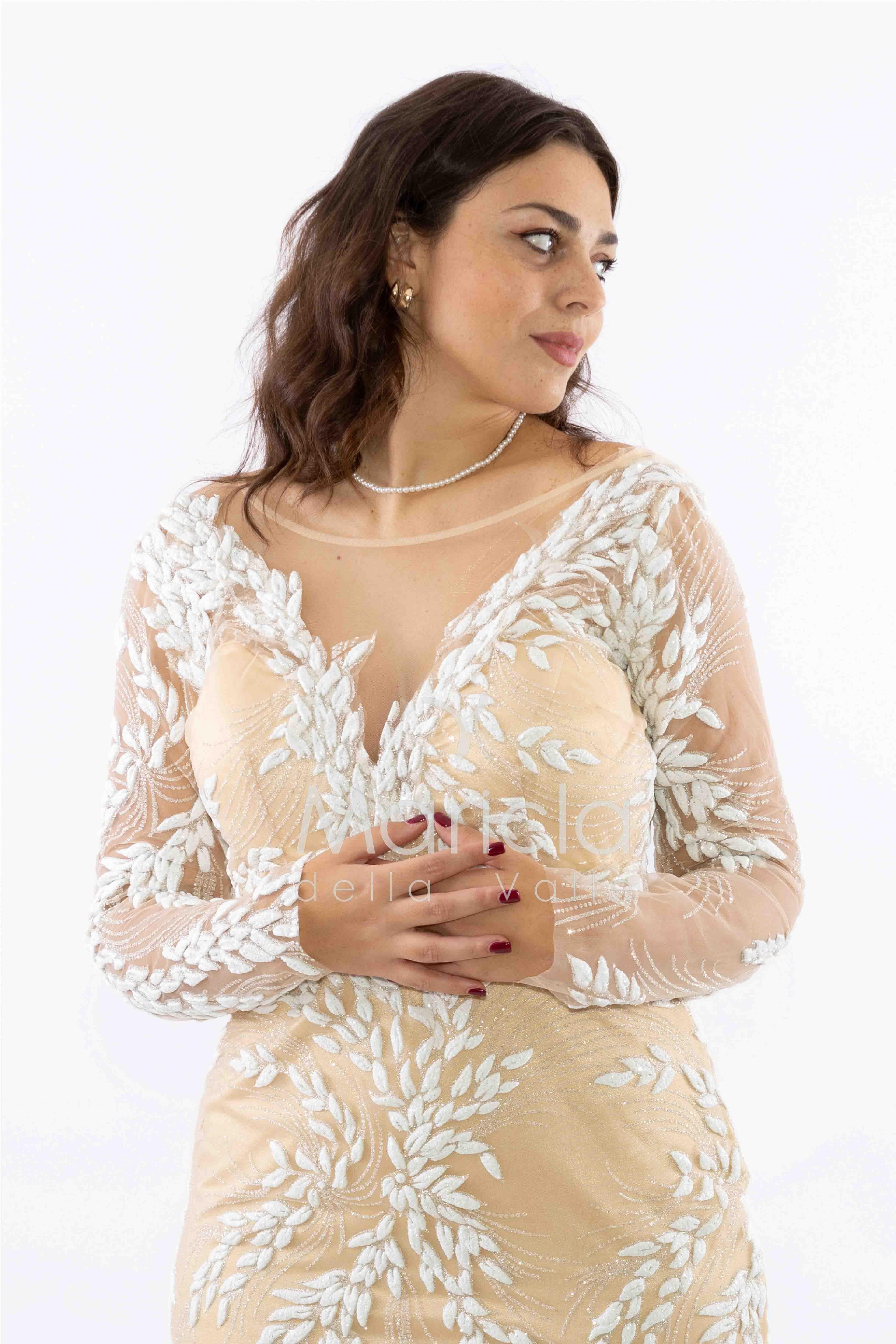 abito manica lunga ricamato FI7485 ORO MARICLA ELEGANCE 