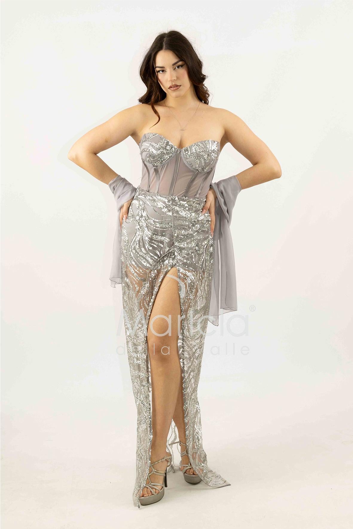 abito paiette con trasparenza e culotte SH848AL ARGENTO SHARON 