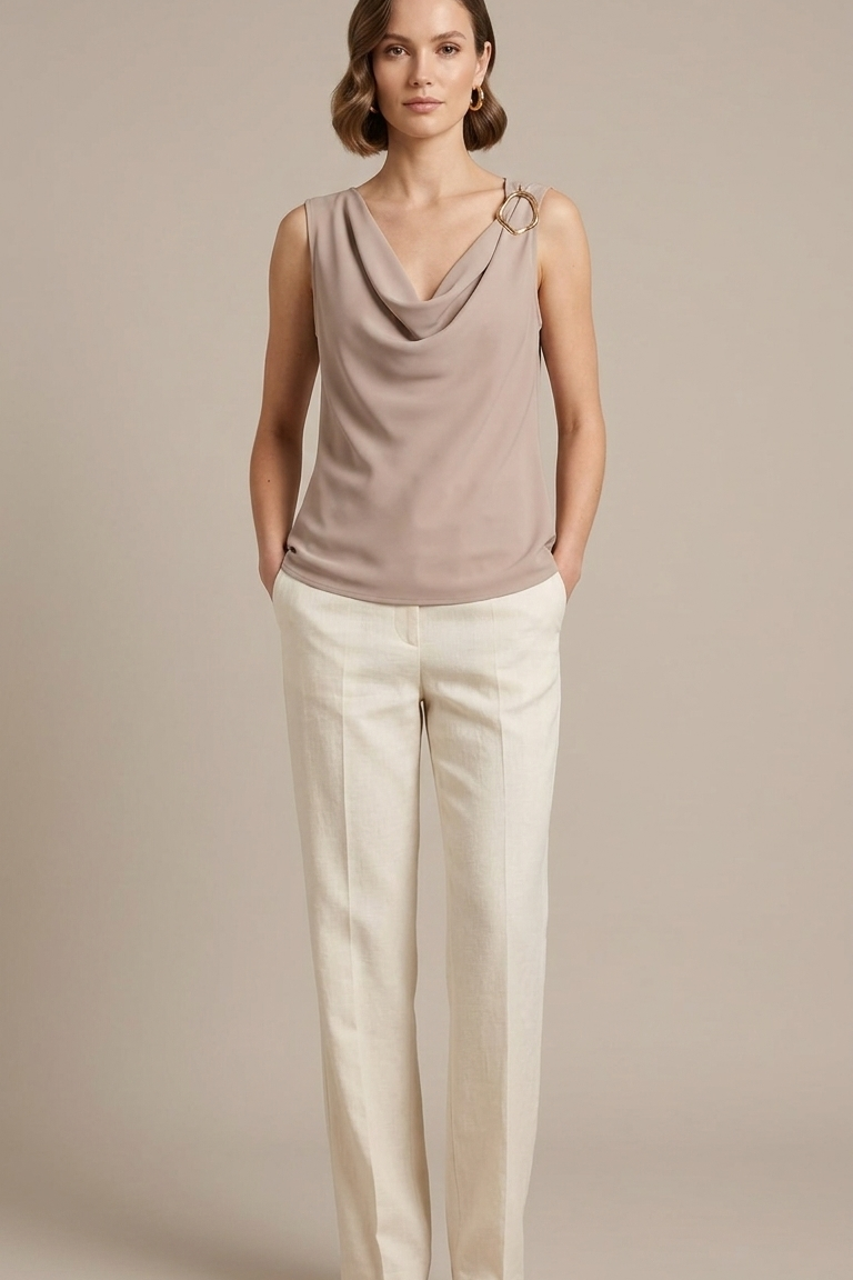 Top Fluido con Scollo a Drappeggio e Dettaglio Bijou LIB25155 CREMA MARICLA 