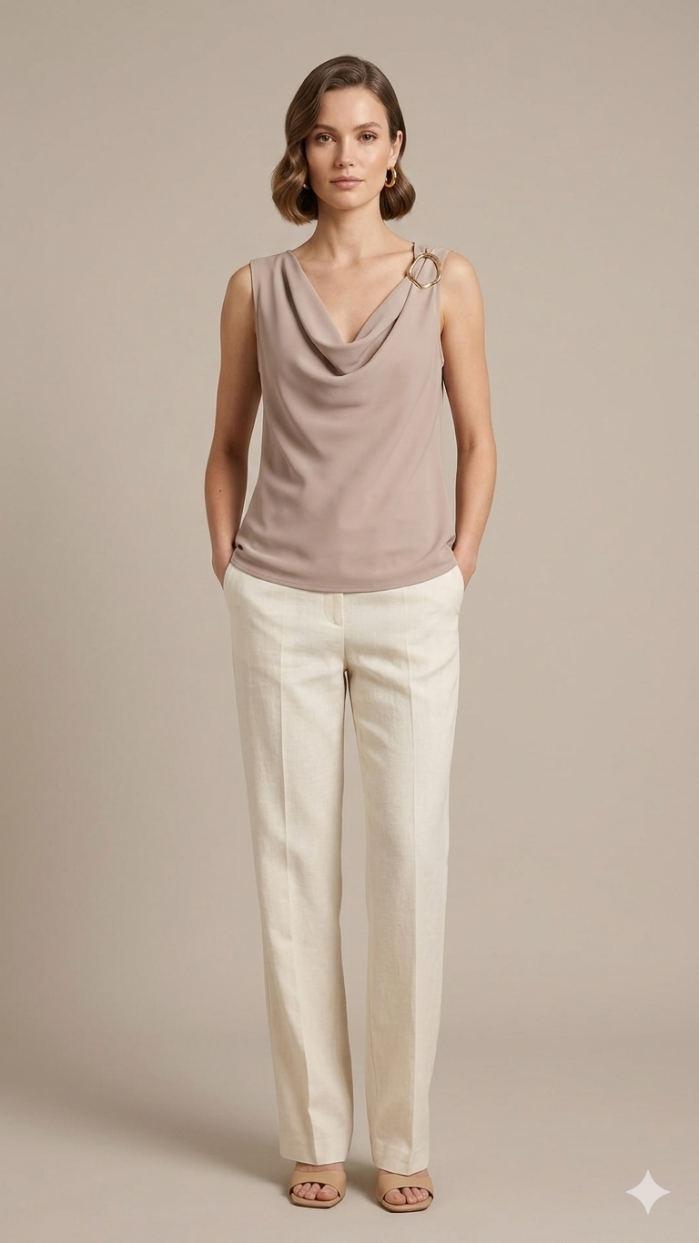 Top Fluido con Scollo a Drappeggio e Dettaglio Bijou LIB25155 CREMA MARICLA 