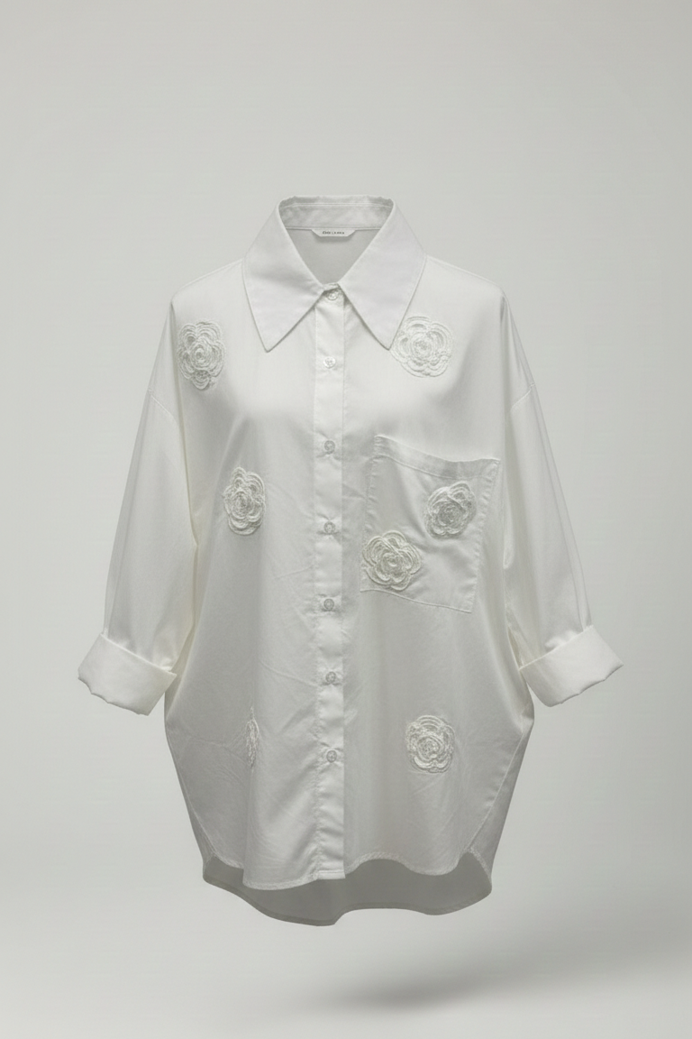 camicia cotone con rose e strass CF22200 BIANCO CARLA FERRONI 