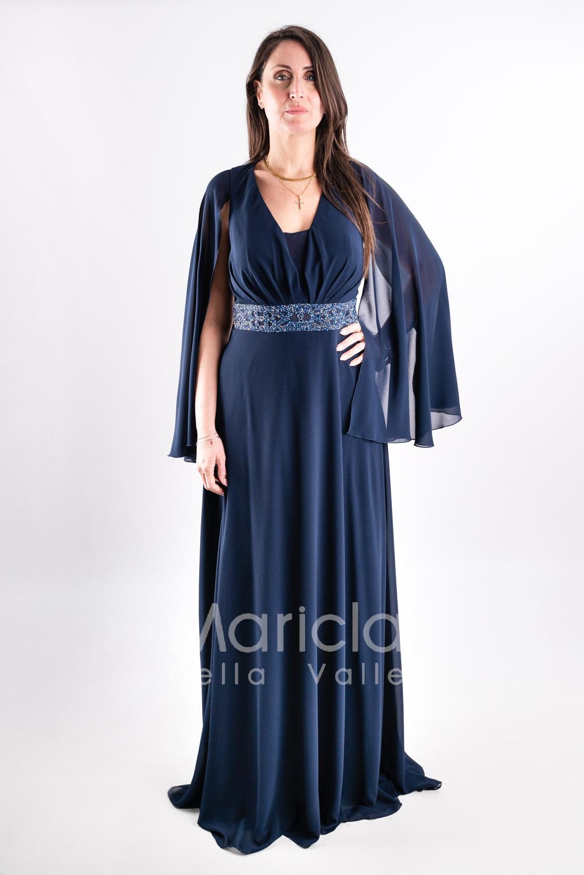 abito lungo con strass e manica aperta PF314 BLU PAOLA FORTI 
