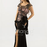abito lungo con baschina ricamata SH839AL NERO SHARON 