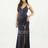 abito lungo corpetto strass e nodo laterale ANT25008XJ BLU ANTILLE ELEGANCE 