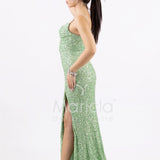 abito lungo paillettes drappeggio e spacco PB8066F MENTA MARICLA ELEGANCE 