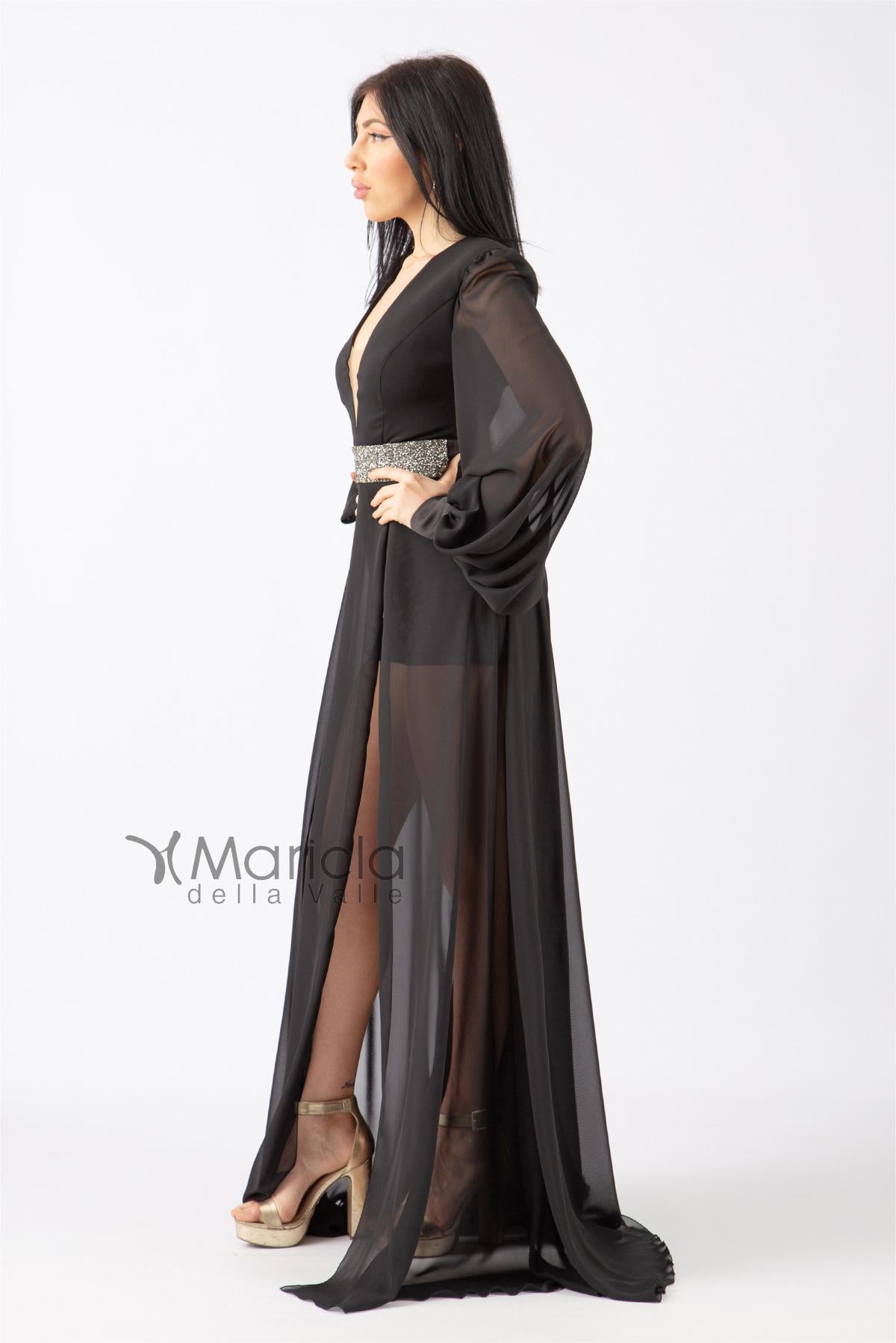 Abito lungo con spacco e fascia glitter MVV42361 NERO MARIA VITTORIA VINCI 