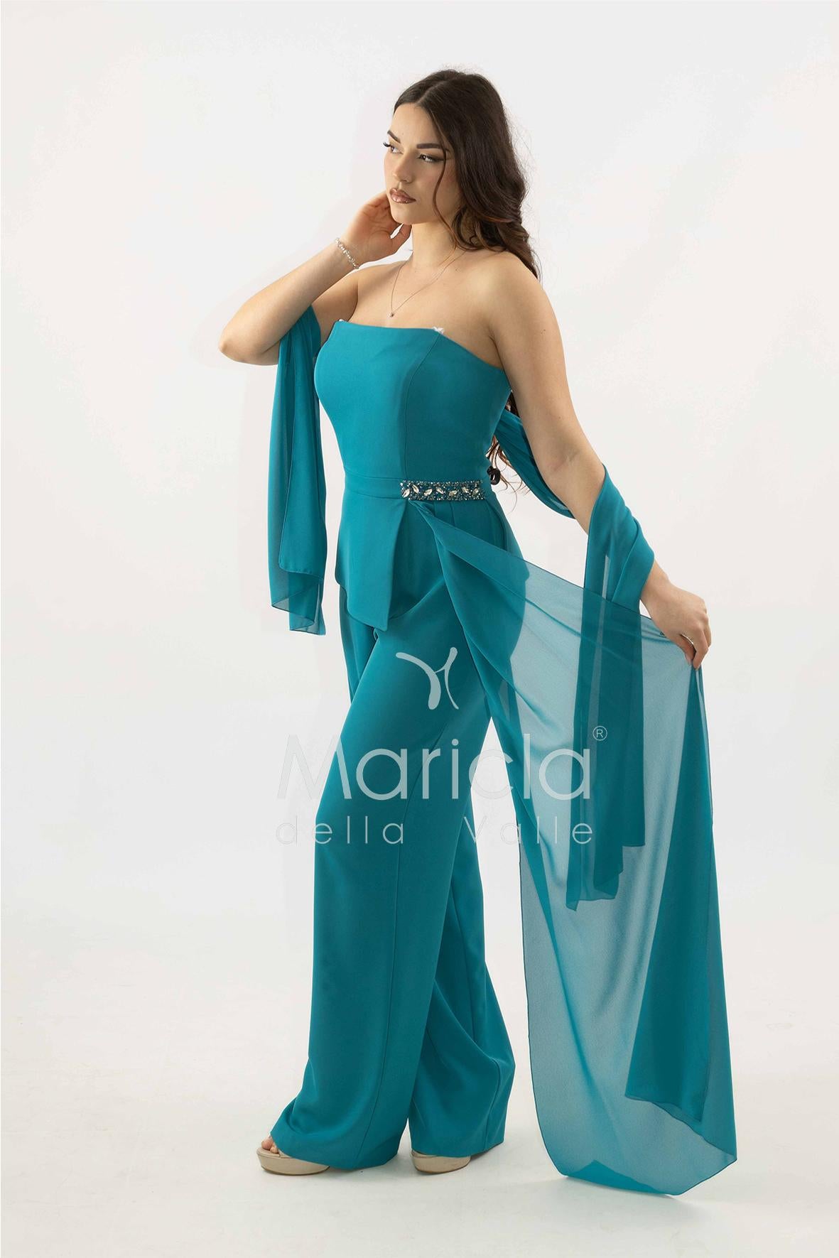 tuta con baschina e dettaglio strass SH906TU PETROLIO SHARON 
