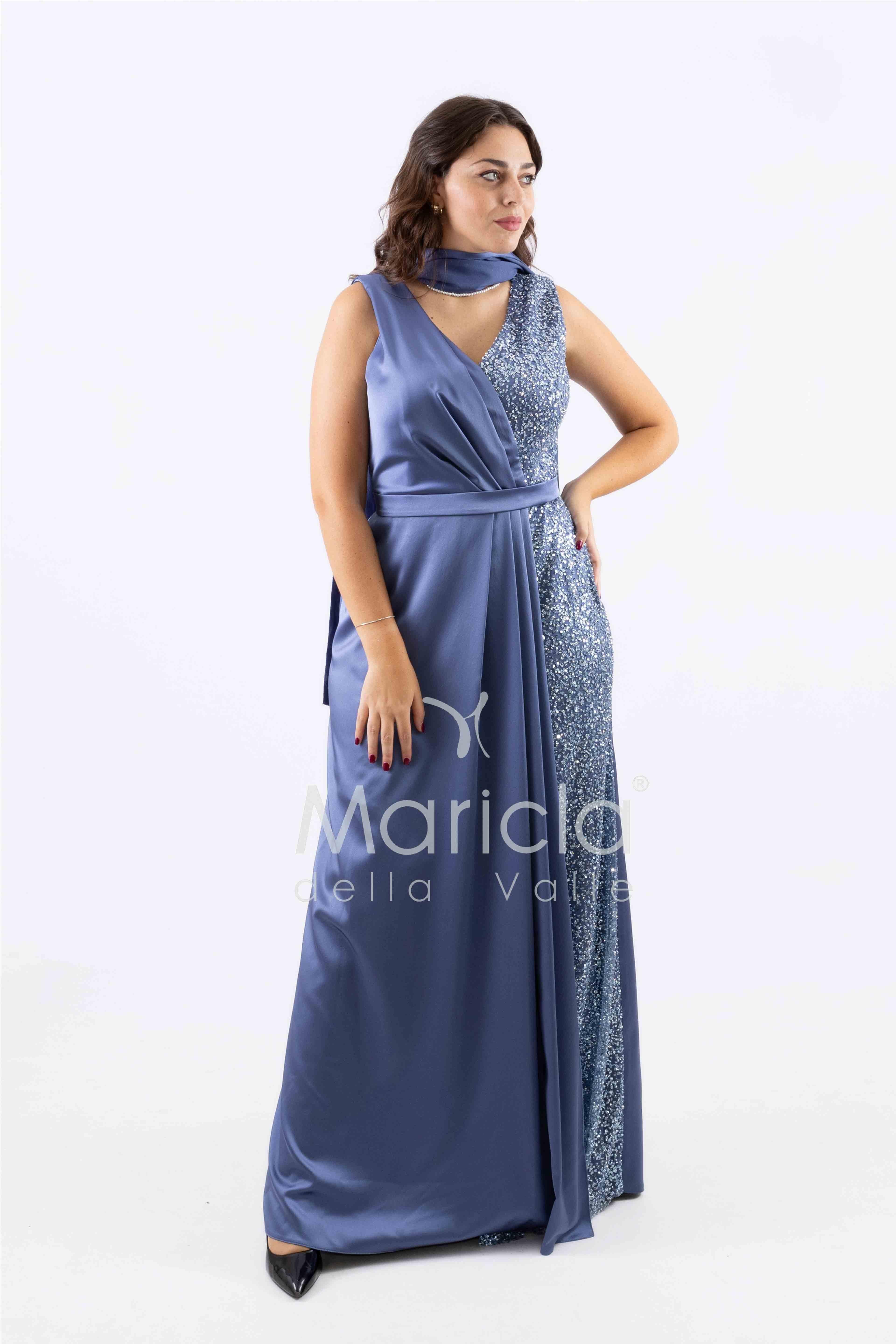 abito lungo ricamo paiette laterale ALC01 INDACO MARICLA ELEGANCE 