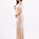 abito con paiette arricciato e piume SS23506 ROSA MARICLA ELEGANCE 