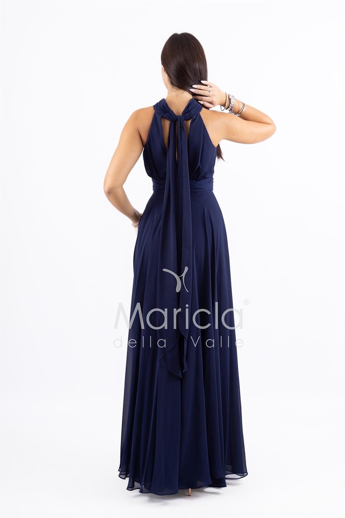 Abito lungo in chiffon con scollo americano FI7518 BLU MARICLA ELEGANCE 