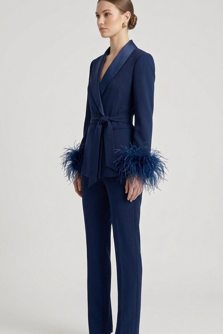 tailleur con cintura e piume EC04610 BLU MARICLA 