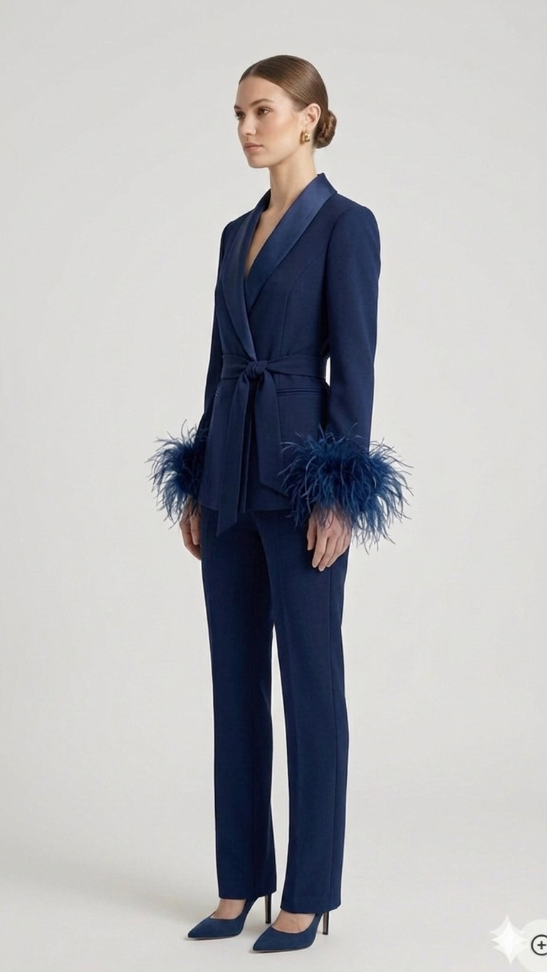 tailleur con cintura e piume EC04610 BLU MARICLA 