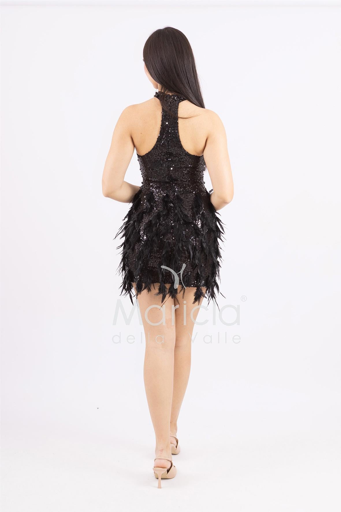 Abito corto con Paillettes e Dettagli in Piume FP613327 NERO MARICLA ELEGANCE 