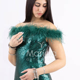 abito lungo in paillettes e scollatura in piume FP883015 VERDE MARICLA ELEGANCE 