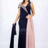 Abito lungo bicolore con strass PF601 BLU PAOLA FORTI 