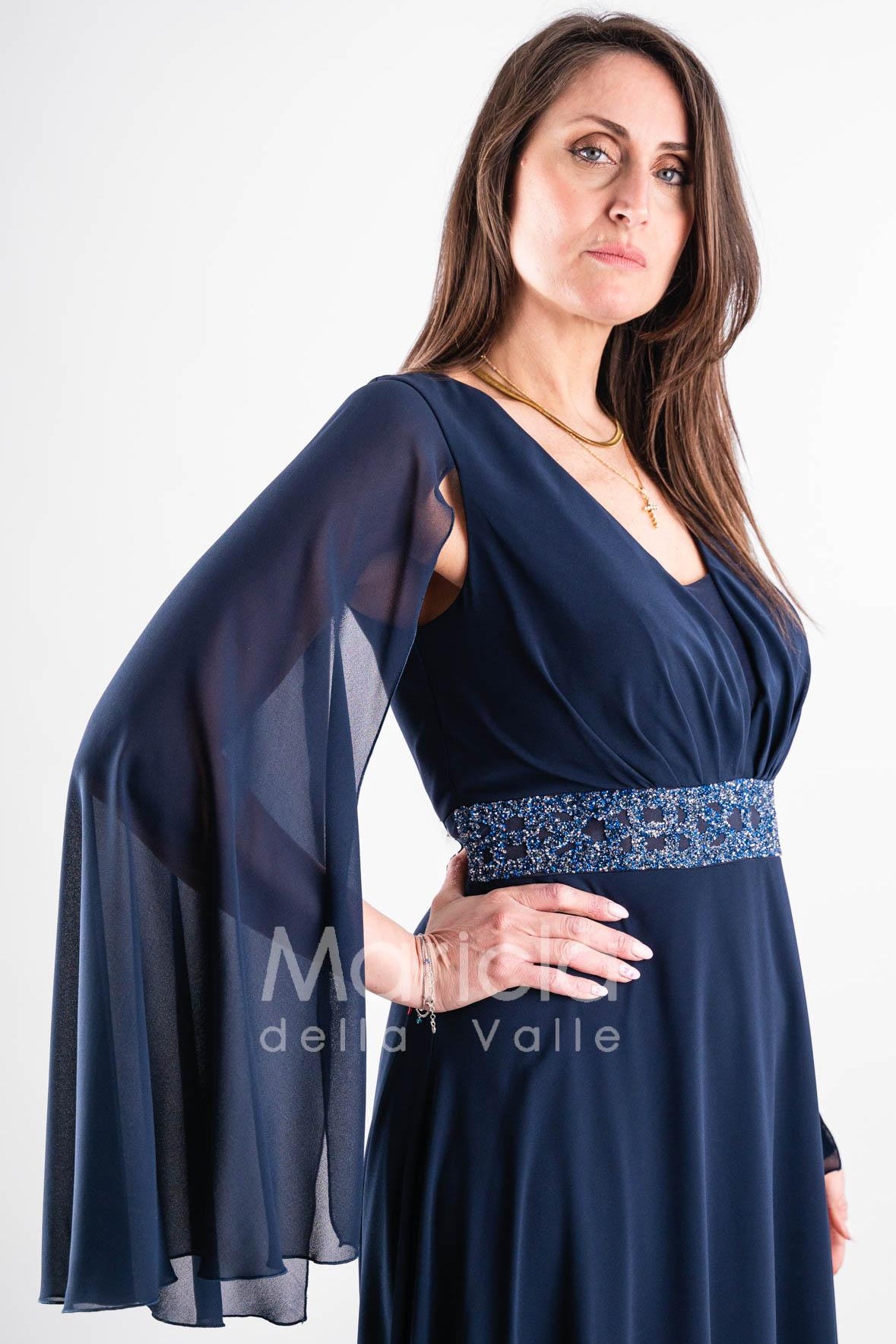 abito lungo con strass e manica aperta PF314 BLU PAOLA FORTI 