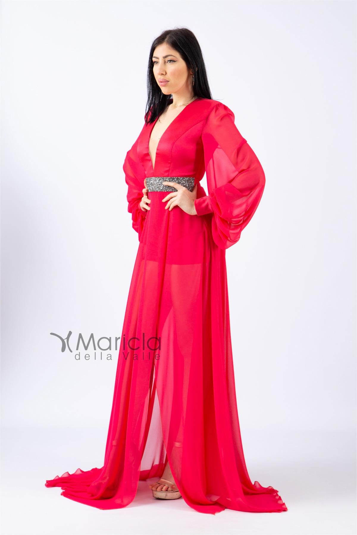 Abito lungo con fascia glitter e spacco MVV42361 MAGENTA MARIA VITTORIA VINCI 