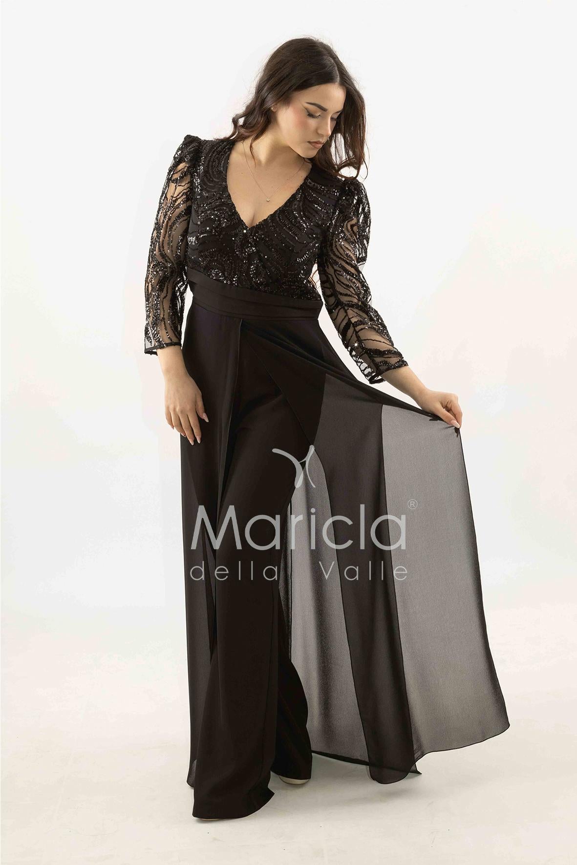 tuta con manica paiette SH905TU NERO SHARON 