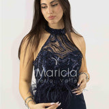 abito lungo con corpetto in strass e piume SH842AL BLU SHARON 